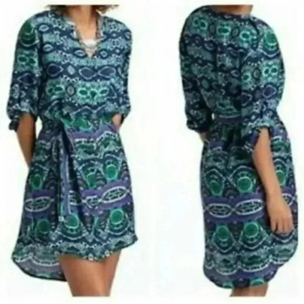 Anthropologie Maeve Ikat High Low Bohemian Print Button Down Shirt Dress Size XS